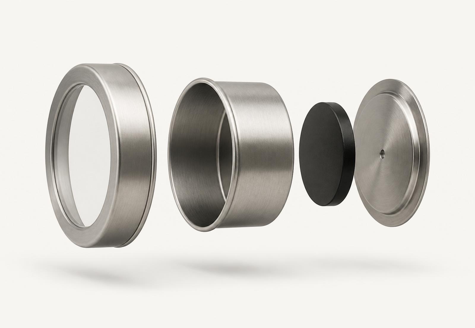 Exploded view of a single magnetic tin